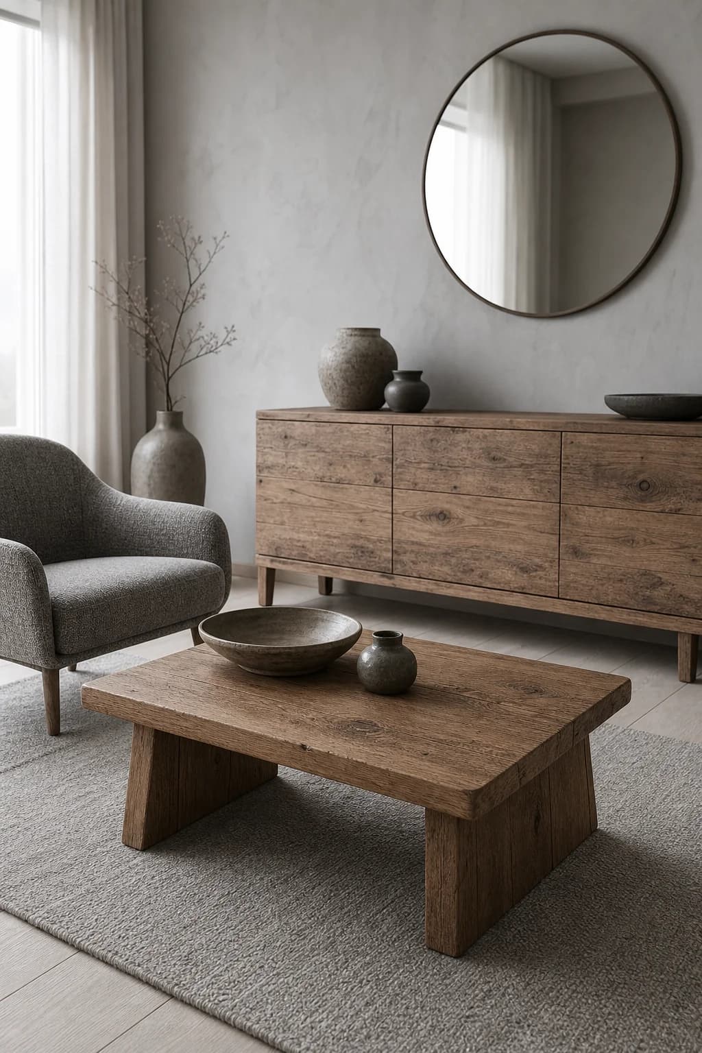 A calm living room with an oak sideboard, coffee table and round mirror