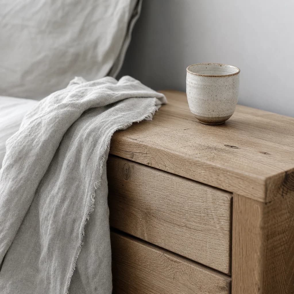 The corner of an oak bedside table with a linen throw